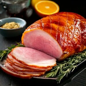 Roasted glazed gammon joint partly sliced and on a platter with rosemary herbs and sliced orange in the background.